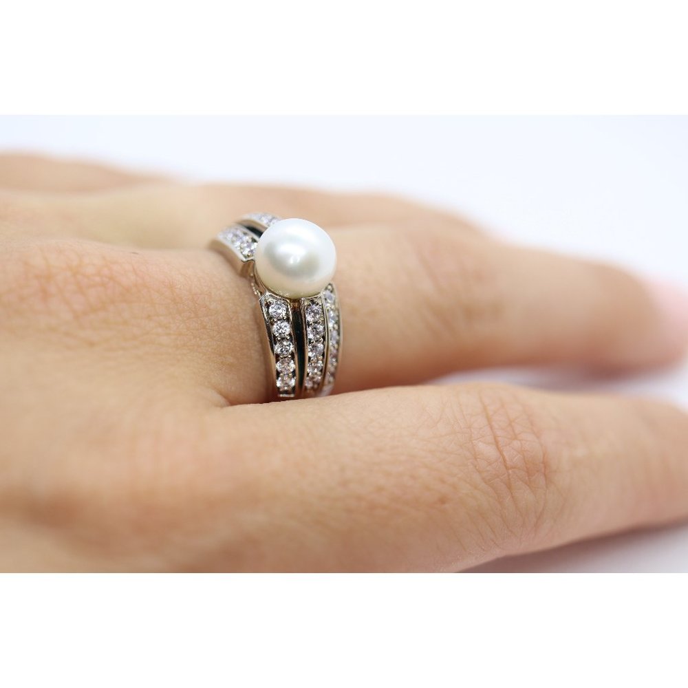 Sterling Silver Pearl and CZ accent ring
